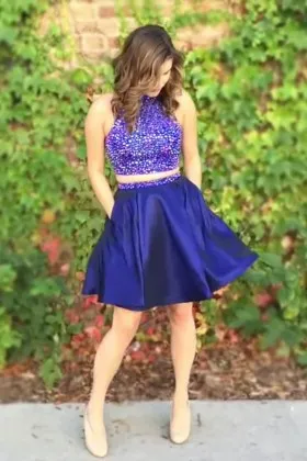 diamond bluish purple two piece short cocktail dress