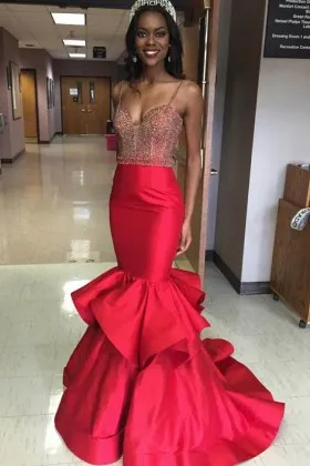 beaded sweetheart bodice tiered trumpet formal gown