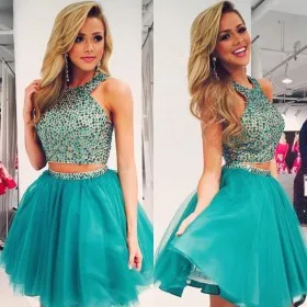 diamond two piece tulle short turquoise cocktail dress