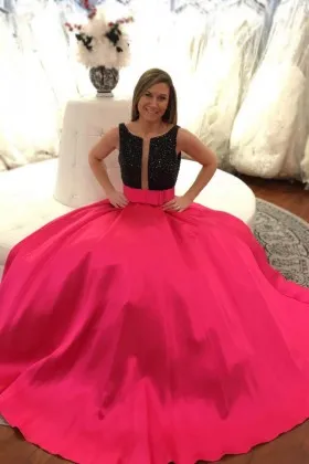 two tone designer beaded black and fuchsia prom gown