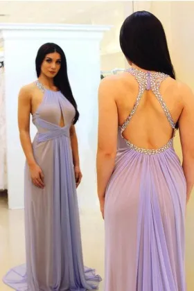 Open Back Diamond Wide Straps Lavender long Prom Dress