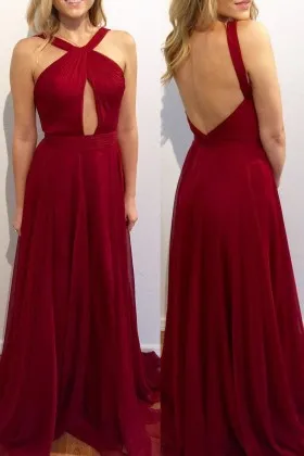 Sexy crimson red chiffon floor length A line prom dress