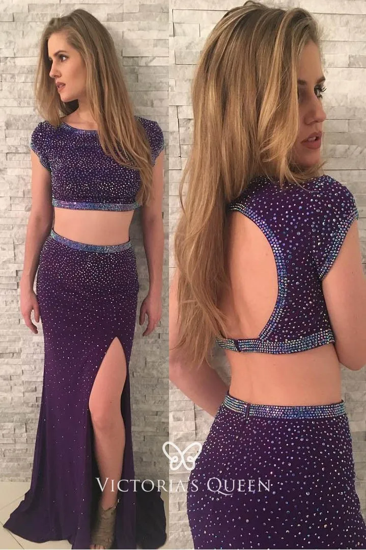 dark purple two piece prom dress