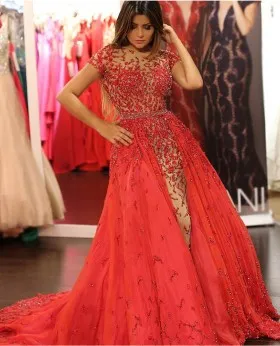 floral beaded short sleeve prom gown with overskirt