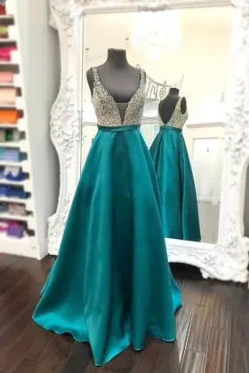 sleeveless silver beaded teal satin long prom gown