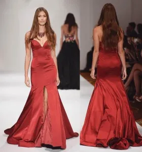 strapless V neck split crimson long pageant dress