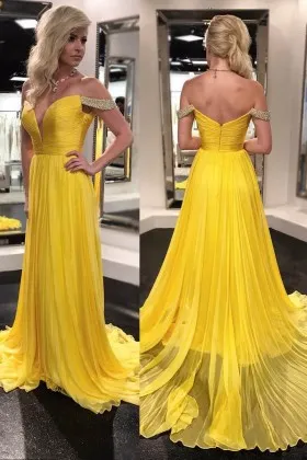 beaded straps pleated yellow chiffon long prom gown