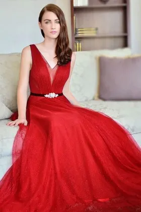 V neck shimmer red tulle modern long evening dress