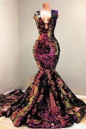 Amazing galaxy ombre red sequin on black mesh mermaid floor length prom dress