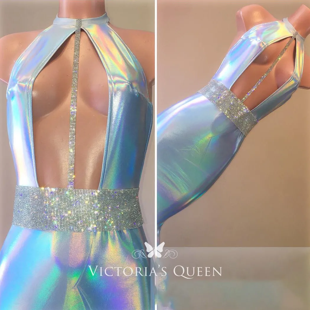 Shiny open bodice halter neck long train prom dress Shiny open bodice halter neck long train prom dress