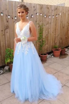 princess white lace appliqued sky blue long prom dress