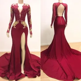 long sleeve red and gold lace appliqued prom dress