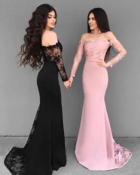 off the shoulder illusion lace long sleeve formal dress