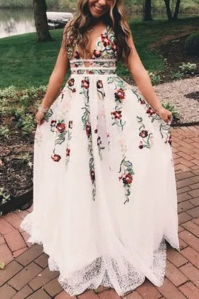 sexy plunging V neck embroidered flowers prom dress