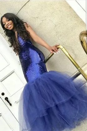 deep V neck ink blue sequin and tulle long prom dress