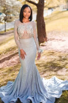 illusion long sleeve silver beading long prom gown
