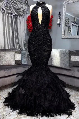 unique black sequin and feather mermaid long African American prom gown