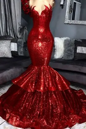 sparkly red sequin 2 tiered trumpet long prom dress