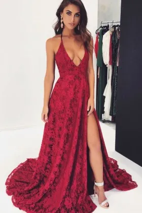 sexy plunging neck red floral lace slit long prom dress