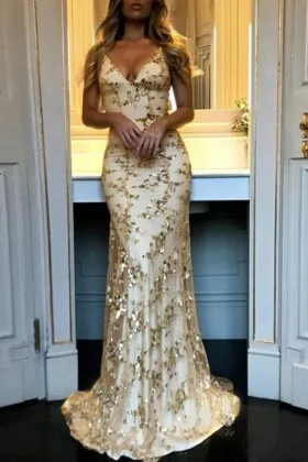 gold glitter sequin mesh overlay long prom dress