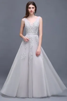 beautiful light gray lace tulle long formal dress