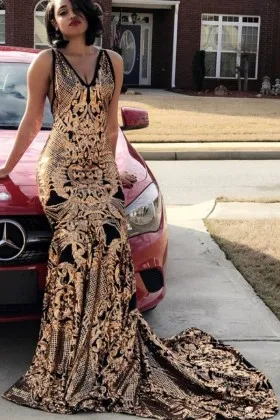 black lining gold sequin mermaid long prom dress