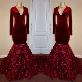 long sleeve burgundy velvet 3D rosettes long prom dress