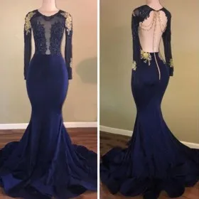 elegant navy blue spandex lace mermaid long prom dress