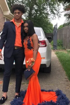 navy sequin and feather orange spandex long prom dress