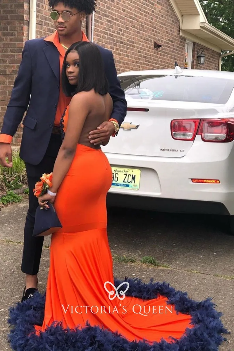 Feather Orange Spandex Long Prom Dress 