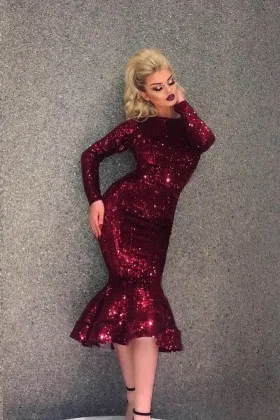 long sleeve wine sequin mermaid tea length prom dress