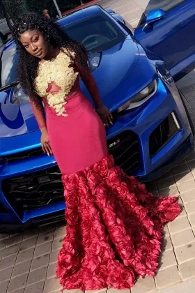 3D rosettes gold lace appliqued wine mermaid prom gown