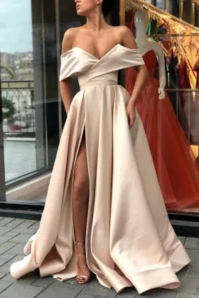 sexy off the shoulder V neck khaki satin long prom gown