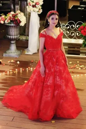 cold shoulder red lace ball gown engagement dress