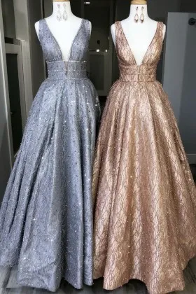 sexy plunging V neck glitter with pearls prom dress