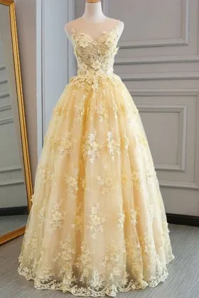 ball gown 3D floral lace appliqued yellow prom dress