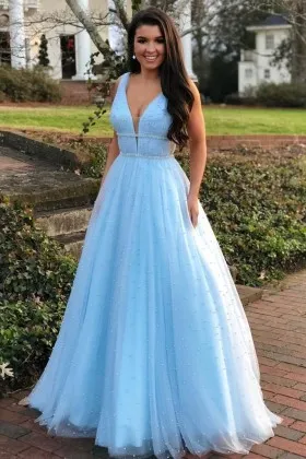 pearls embellished blue satin and tulle long prom dress