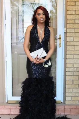 sparkly black sequin feather mermaid long prom dress