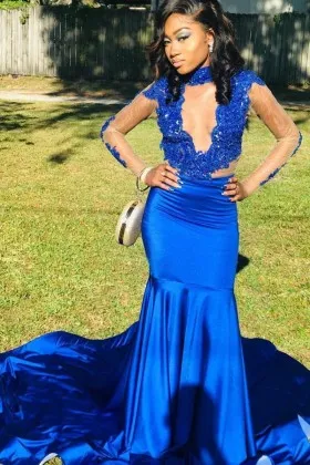 elegant royal blue lace and satin long prom dress