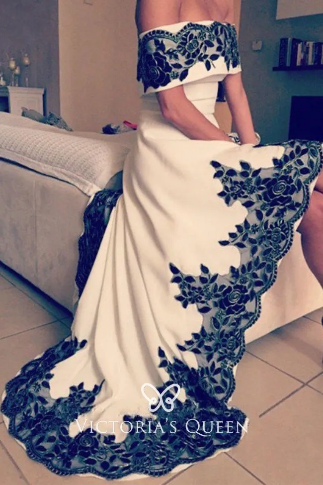 Black lace appliqued ivory satin high low cocktail prom dress Black lace appliqued ivory satin high low cocktail prom dress
