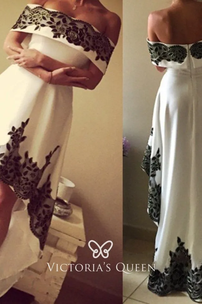 Black lace appliqued off the shoulder high low cocktail prom dress Black lace appliqued off the shoulder high low cocktail prom dress