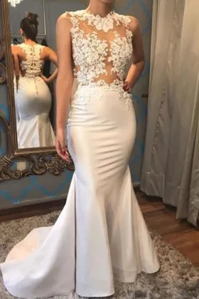 Whimsical illusion lace and satin ivory mermaid long prom dress