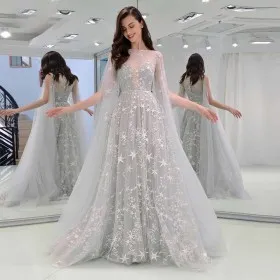 Fancy stars embellished light grey tulle illusion long prom gown