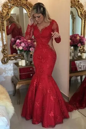 Unique beaded red lace trumpet mermaid long sleeve prom dress
