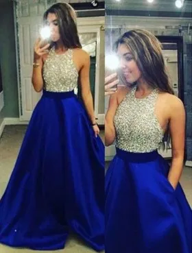 cute silver beaded bodice blue satin long prom dress