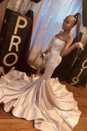 Unique tassel mermaid ivory satin long train African American prom dress