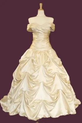 Cream satin off the shoulder draped pick up Quinceanera ball gown