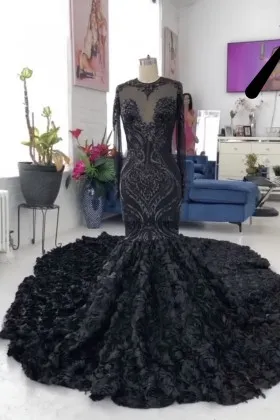 trumpet black sequin and 3D rosette long African American prom dress