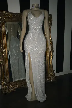 Shiny white lurex sheath long sexy scoop neck open back high split prom dress