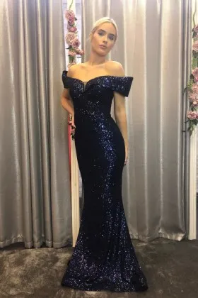 off the shoulder navy sequin mermaid long evening dress